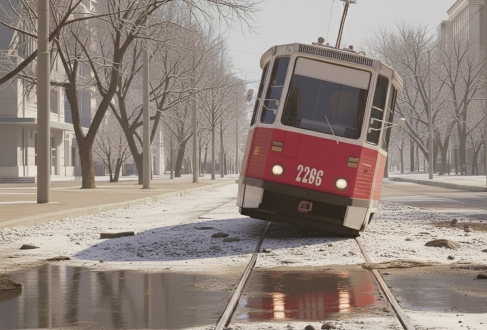Трамвай сошёл с рельсов